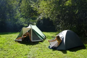 2 tenten opgezet voor het schoolkamp in de natuur van Dronten